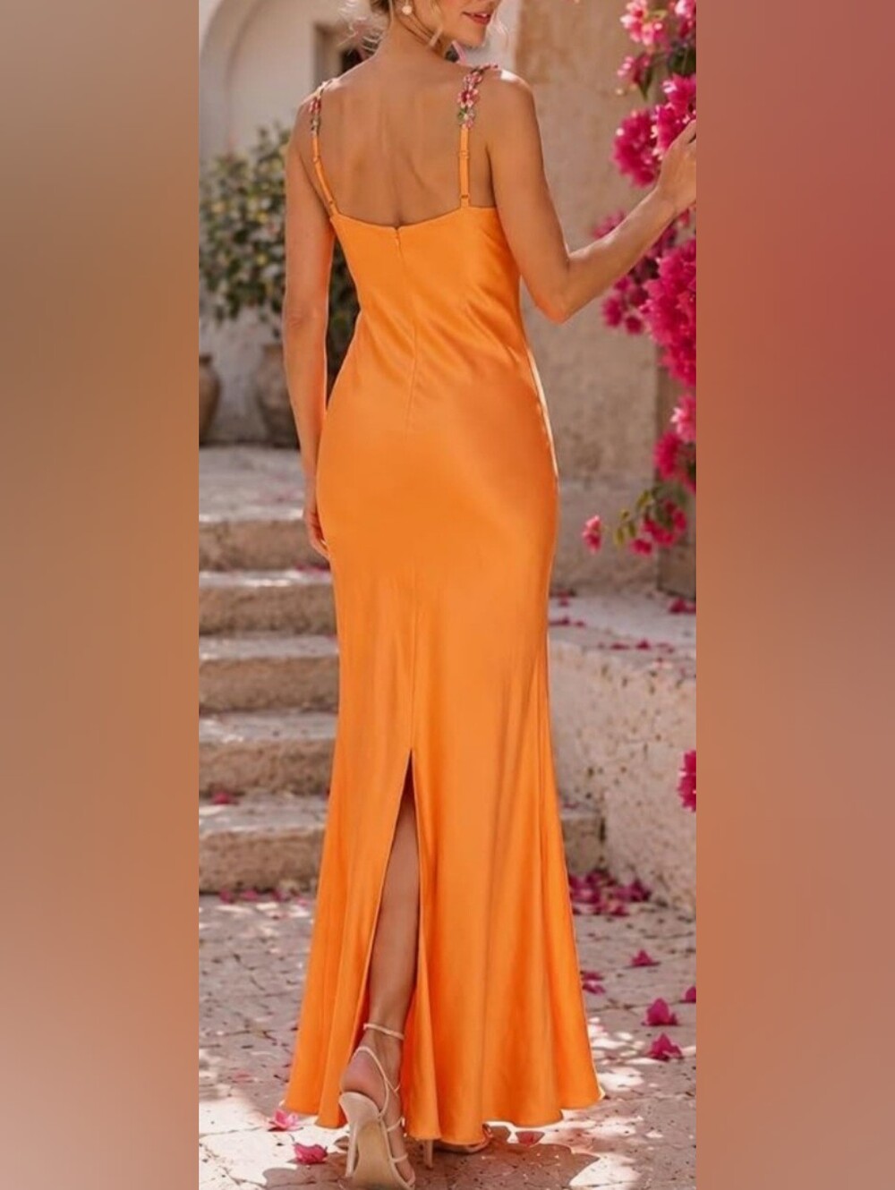 Sexy Satin Spaghetti Strap Floral Embroidered Maxi Dress for Women Sweetheart